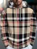 Men'S Individual Trendy Street Style Hooded Sweatshirt - Plaid Pattern with Beige, Black, Red, And Gray Lines, Rich Artistic Elements for Casual