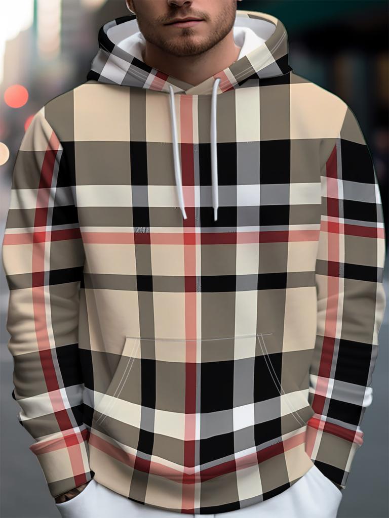 Men'S Individual Trendy Street Style Hooded Sweatshirt - Plaid Pattern with Beige, Black, Red, And Gray Lines, Rich Artistic Elements for Casual