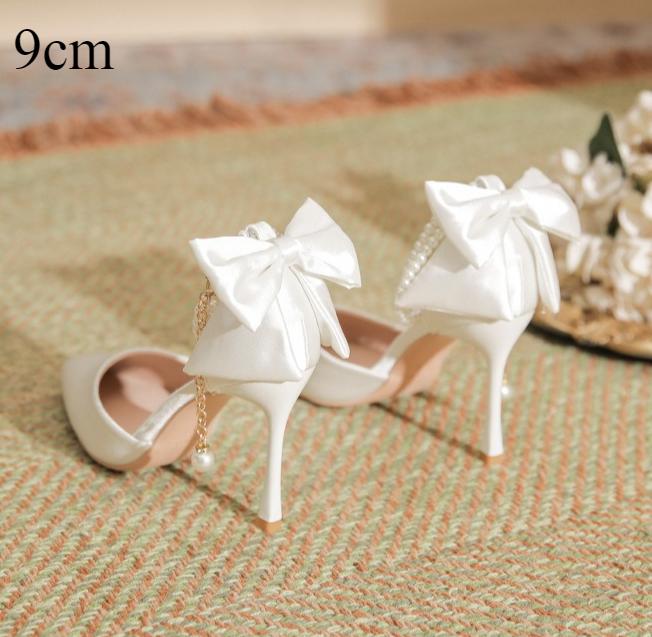 Женские туфли на высоком каблуке, новые, с острым носком, на тонком каблуке, из шелкового сатина, с полым каблуком, с бантом, на высоком каблуке, женские, универсальные, для通勤, одинарные туфли для женщин