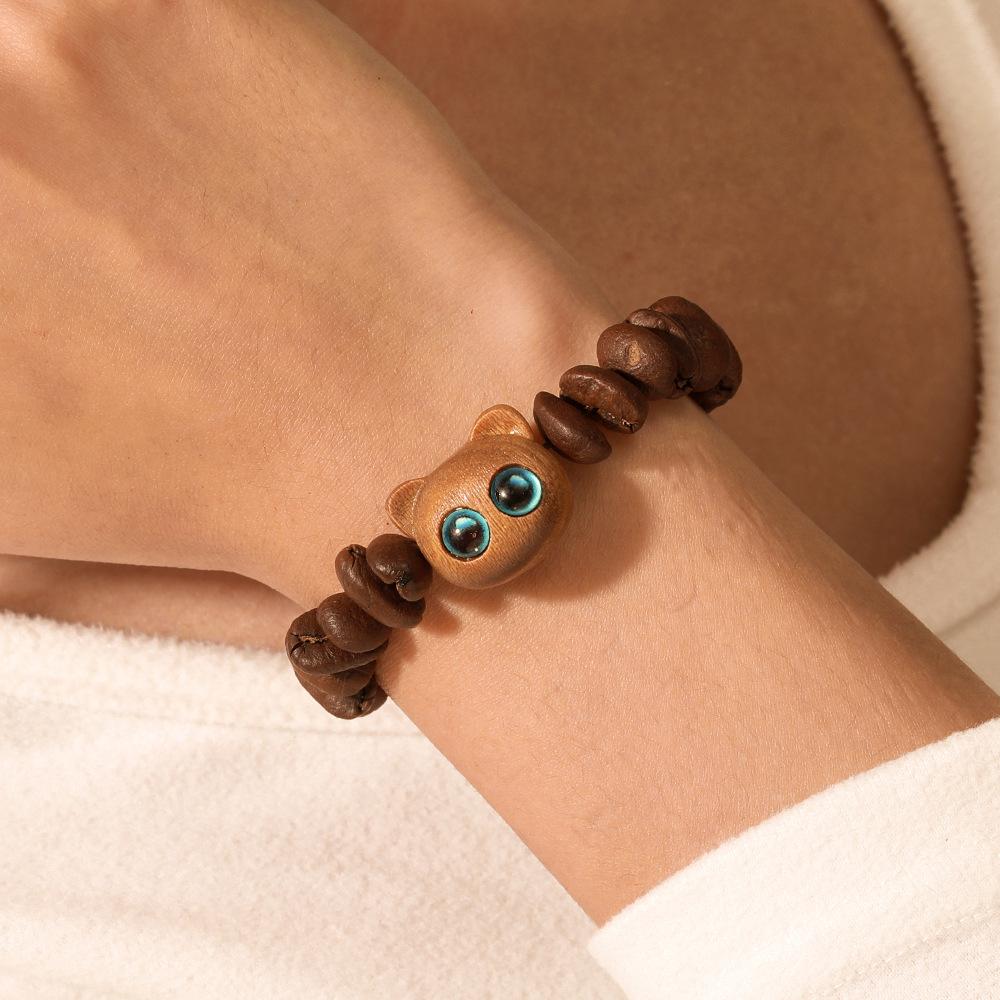 Handmade Natural Real Coffee Bean Bracelet Elastic Sandalwood Coconut Chip Wood Splicing Woven Jewelry Bracelet for Women