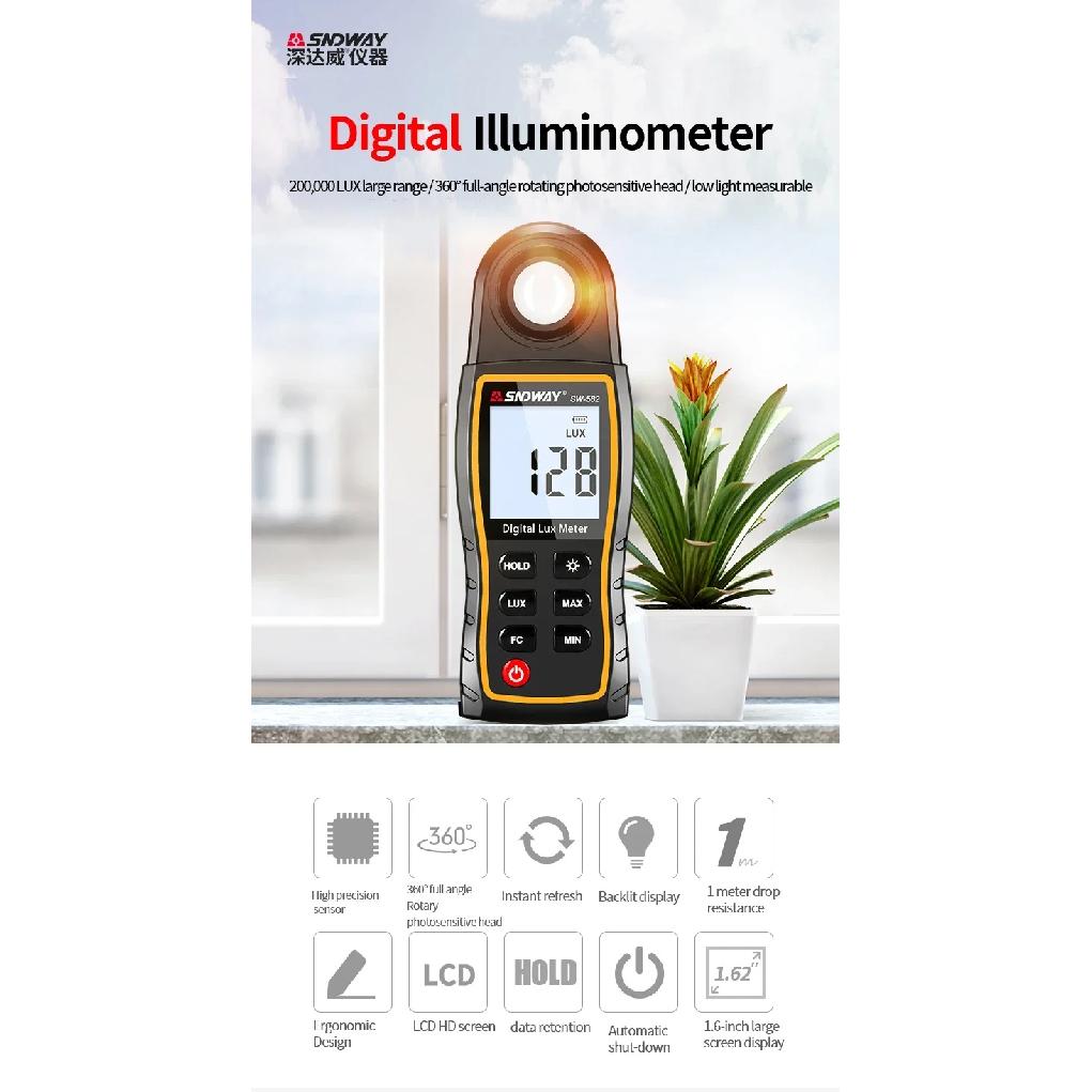 SW582 Digital Light Meter Handheld LCD Lux Tester Illuminance Meter 0-199999 Lux/Fc Pocket Photometer for Plant Growth Analysis