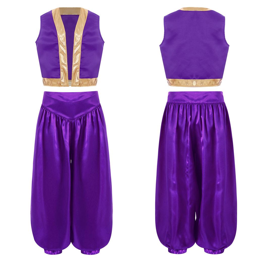 2 шт. Детский костюм для косплея на Хэллоуин, костюм игрового персонажа, арабский костюм, свободный жилет с широкими атласными шароварами, комплект, костюм для переодевания