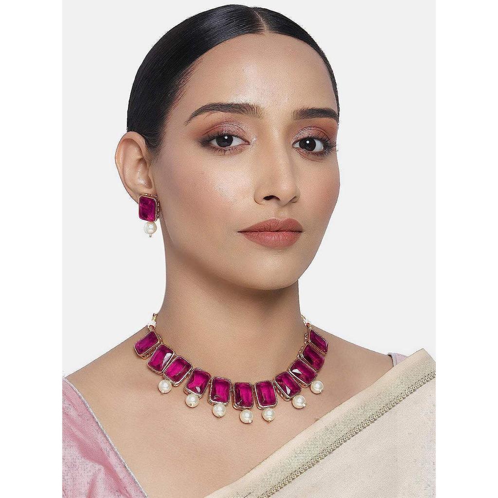 Peora Traditional Jewellery Crystal Pearl Necklace Earring Jewellery Set for Women