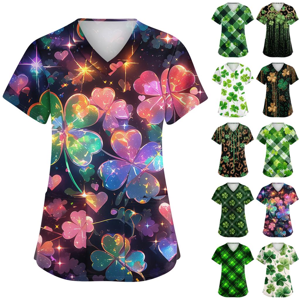 Женский модный рабочий топ с V-образным вырезом, принтом, короткими рукавами, карманом, боковым разрезом, базовый пуловер