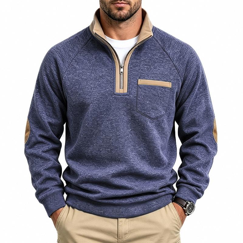 Autumn Winter Men Casual Half Zipper Stand Collar Sweatshirt Chic Patchwork Long Sleeve Loose Pullover Tops