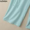 VONDA Women Summer Elastic Waist Drawstring Tie Solid Color Pants