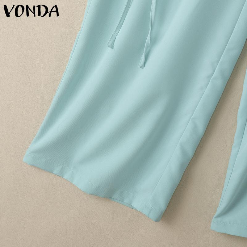 VONDA Women Summer Elastic Waist Drawstring Tie Solid Color Pants