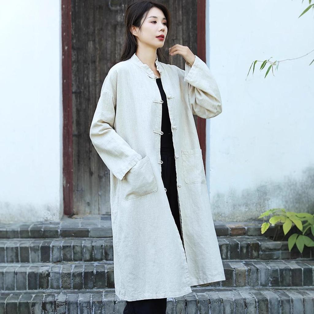 Women's Mid-Length Cotton Linen Cardigan - Retro Sand Washed