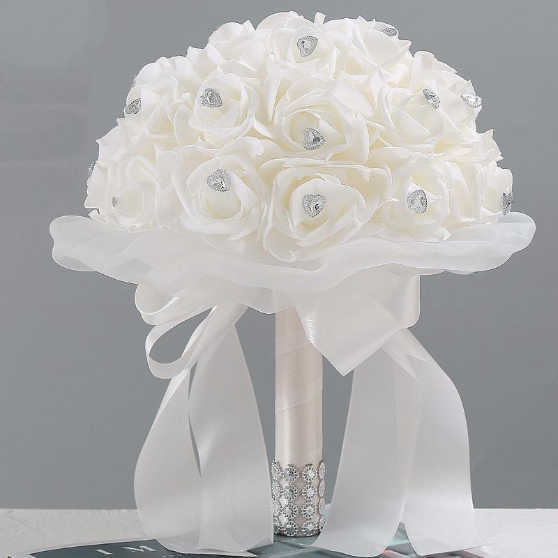 Искусственная атласная лента Роза Белый букет для невесты Подружки невесты с ромбовидными мягкими лентами Свадебные цветы в руках для украшения свадебной вечеринки