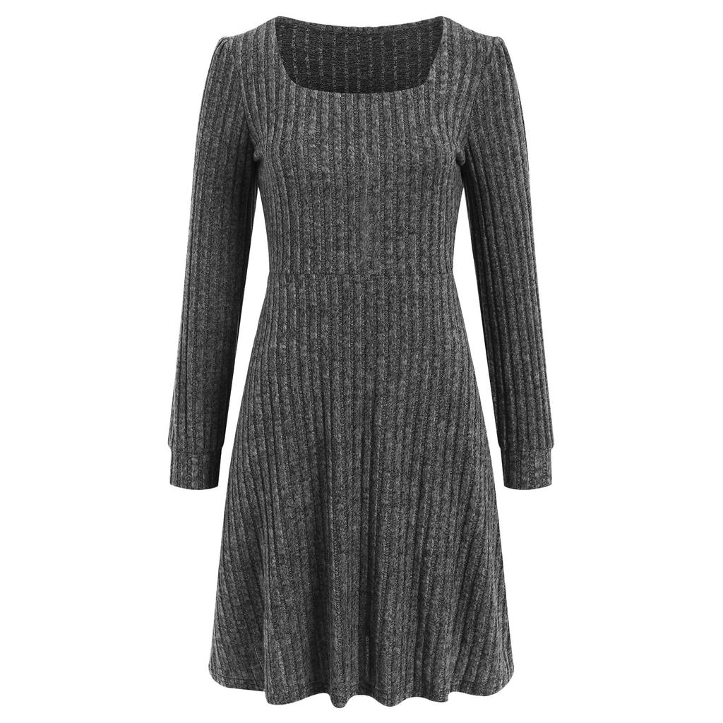 Женское трикотажное платье с длинными рукавами и карманами, квадратный вырез, облегающие платья, однотонное трикотажное элегантное платье для женщин