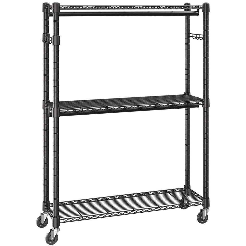 Heavy Duty Clothes Rack, Rolling Clothing Garment Rack with 3 Storage Tiers, 2 Rods and 2 Pairs Side Hooks, Adjustable Height Clothing Rack Closet for