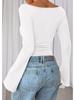 2025 Autumn Slim Fit Women's Boat Neck Bell Sleeve Ruched Top - Solid Color, Long Sleeve