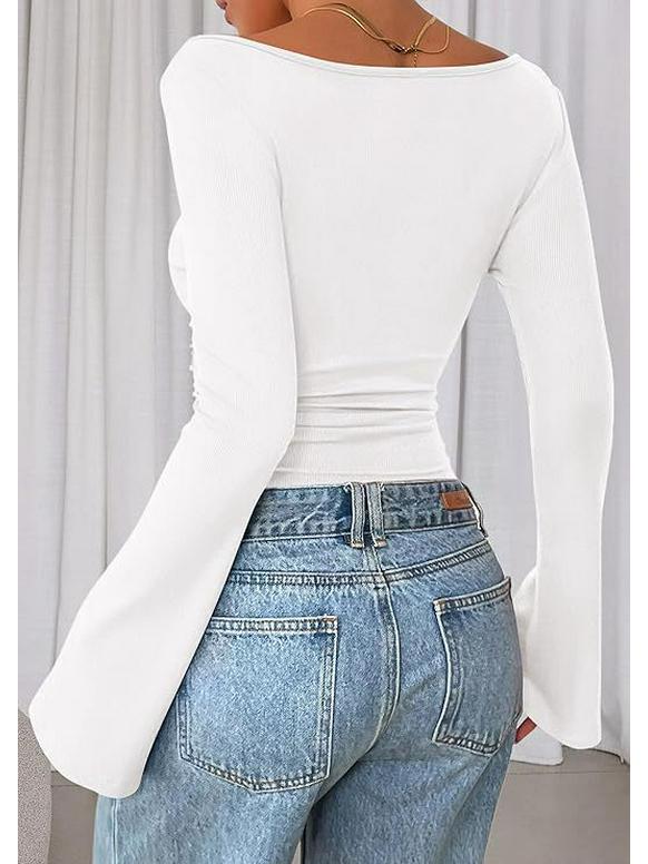 2025 Autumn Slim Fit Women's Boat Neck Bell Sleeve Ruched Top - Solid Color, Long Sleeve