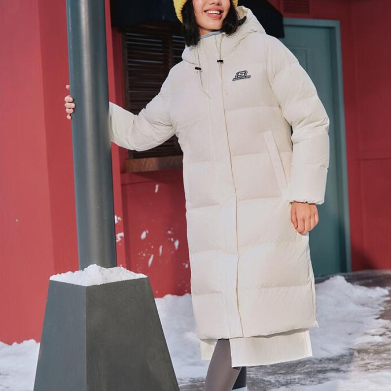 (WMNS) Skechers Casual Hooded Long Woven Down Jacket 'White' Women's L423W131-0074