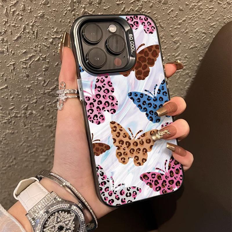 Серебристый чехол для телефона с принтом леопарда и бабочкой для iPhone 15/14/13 Pro Max/12/XR/XS/7/8