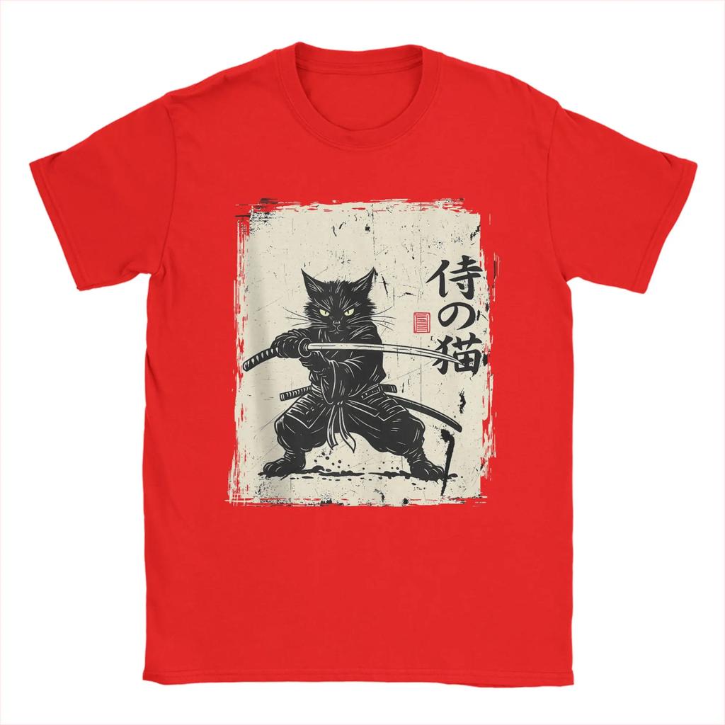 Vintage Anime Cat Japanese Art Funny Samurai Cat T Shirts Men's Cotton Vintage T-Shirt Round Neck Tees Short Sleeve Tops 5XL 6XL