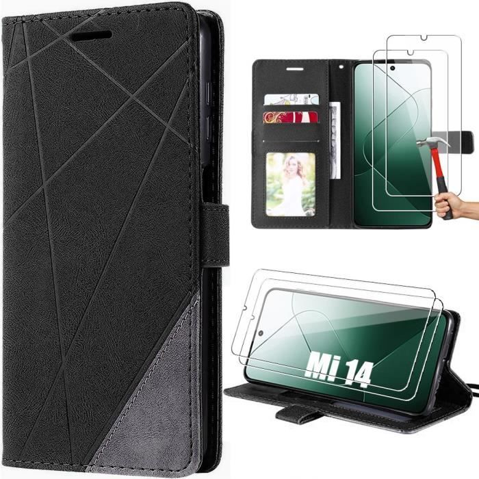 Coque - E.F.CONNECTION - Xiaomi 14 - Cuir PU - 2 Verres Trempés - Béquille Réglable