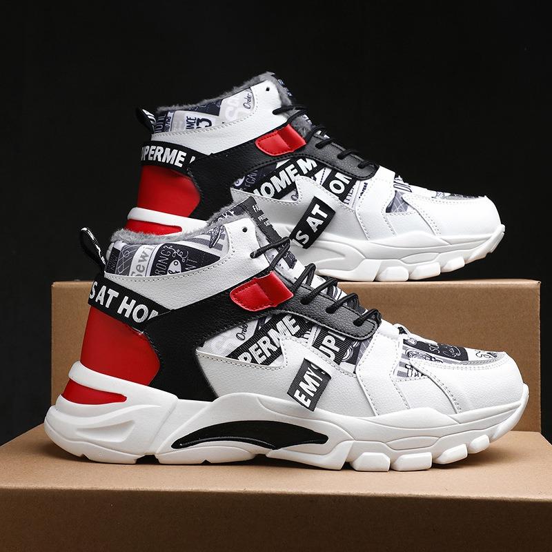 Мужские высокие кроссовки на толстой подошве с флисовой подкладкой, colorblock, нескользящие, теплые, повседневные, спортивные