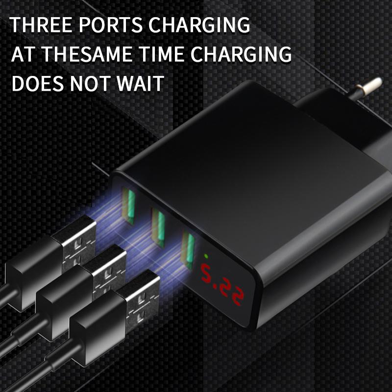 Зарядное устройство USB 45 Вт со светодиодным цифровым дисплеем, зарядное устройство для телефона, 3 порта, быстрая зарядка для iPhone, Samsung, Xiaomi, вилка ЕС, настенное зарядное устройство