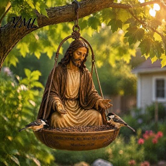 Memorial Garden Bird Feeder Blessing Figure Feeder, Resin Decorative Outdoor Durable Dish Hanging for Finches Chickadees Backyard Wild Birds Station