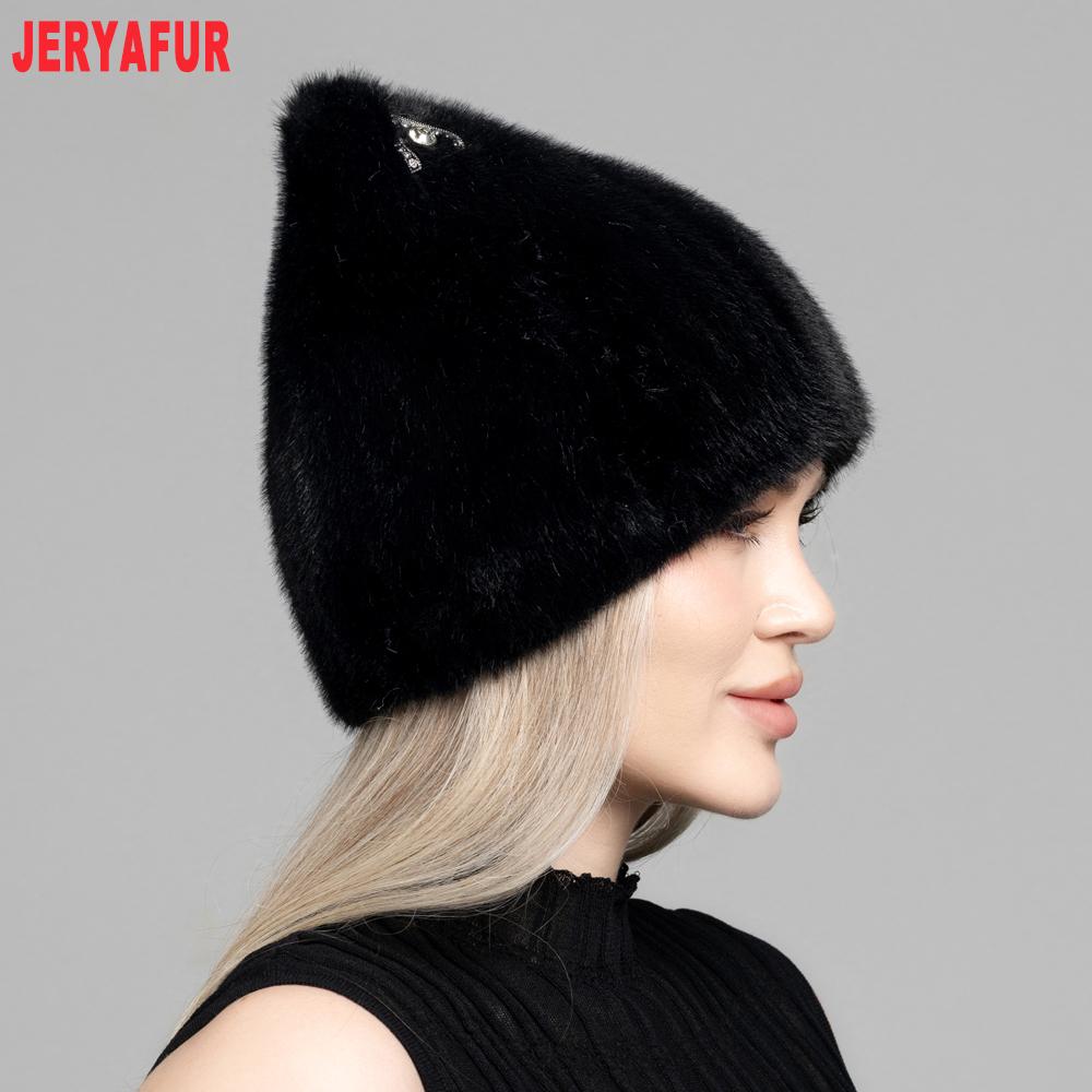 JERYAFUR Женская зимняя шапка с ушками кошки из искусственного меха, милый пушистый теплый модный женский колпак со стразами для холодной погоды