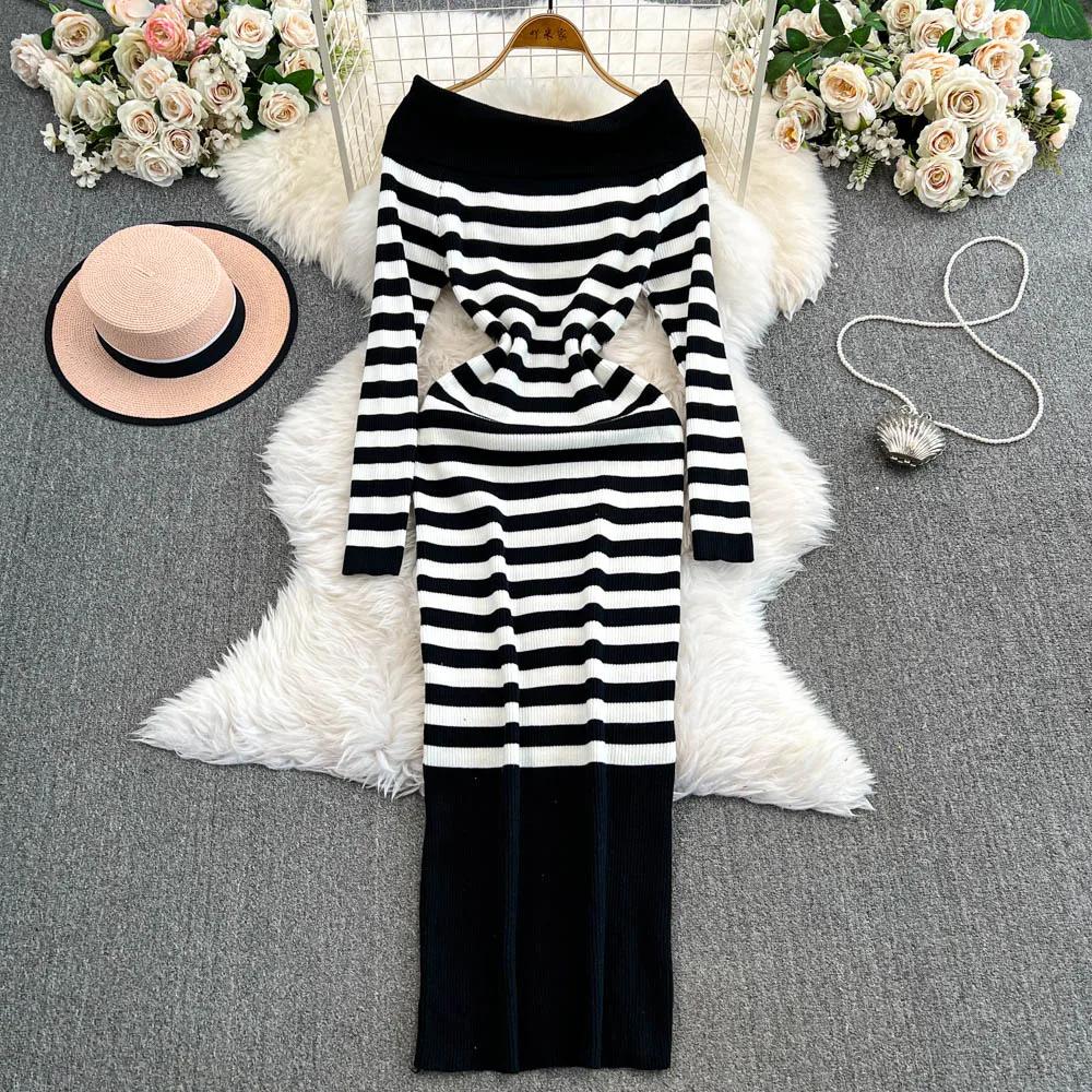 Платье-футляр с открытыми плечами Falda Sexy Mujer Slash Neck Striped Color Block Slim Knitted Bodycon Dress Autumn Wrapped Dresses ChicDresses