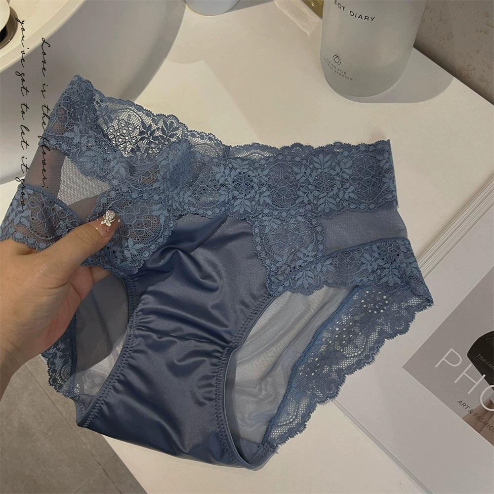 Высококачественные французские атласные кружевные трусики кремового цвета со средней посадкой для женщин - однотонные, промежность из чистого хлопка
