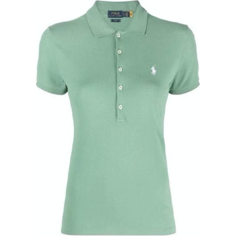 Polo Ralph Lauren однотонный логотип вышитый вертикальные пуговицы Slim Fit короткий рукав поло рубашка женские топы зеленый 211870237-031
