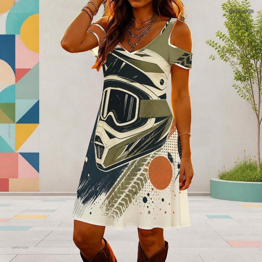 Women Plus Size V Neck Cold Shoulder Short Sleeve Cartoon Construction Vehicle Printed White Dress