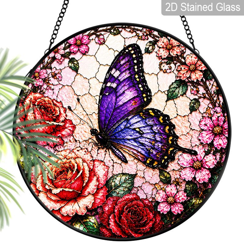 1pc 2D Flat Wildflower Stained Glass Suncatcher, 6.3/7.87 Inch Flower Buttery Stained Glass Suncatcher, Window Hanging, Home, Garden Windocw Decor