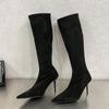 Уличный стиль осень-зима остроносые женские сапоги до колена модные молнии тонкие высокие каблуки туфли для банкета выпускного вечера