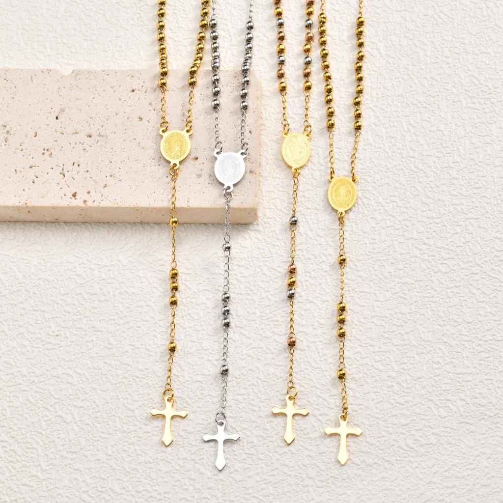 Stainless Steel Rosary Necklace For Wome, Long Chain Virgin Mary Y-shape Gold Plated Catholic Religious Jewelry