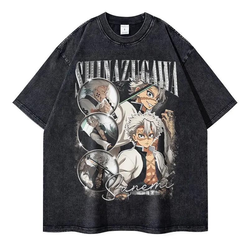 Аниме Demon Slayer Футболки Винтажная стирка Kimetsu No Yaiba Футболка Оверсайз Короткий рукав Манга Кокушибо Аказа Доума Топы Футболки