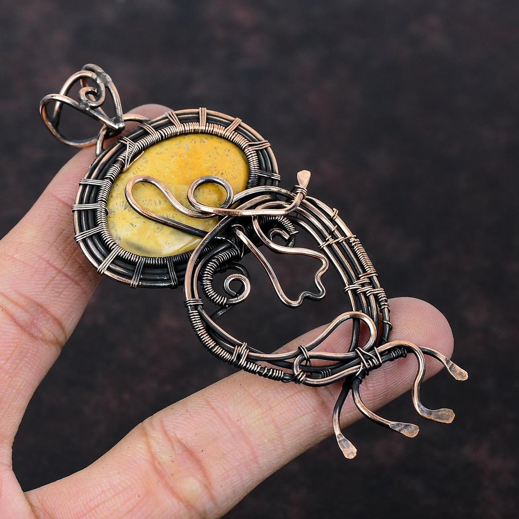 Подвеска из ископаемого коралла, обернутая медной проволокой, подвеска из настоящего драгоценного камня, потрясающая медная бижутерия, подвеска ручной работы из ископаемого коралла, ювелирные изделия для подарка