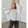 Women S Loose Fit Round Neck Lantern Sleeve Solid Color Shirt