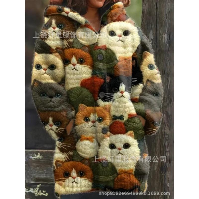 3D Cat Print Hooded Sweatshirt Cardigan Casual Jacket Women