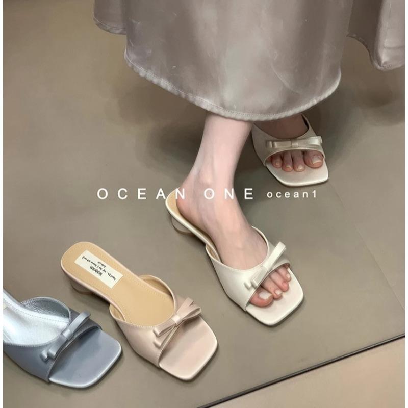 Fashion 2025 New Slipper Mules Low High Heels Shoes Summer Best Street Look Females Square Head Open Toe Bow Strappy Sandals Women