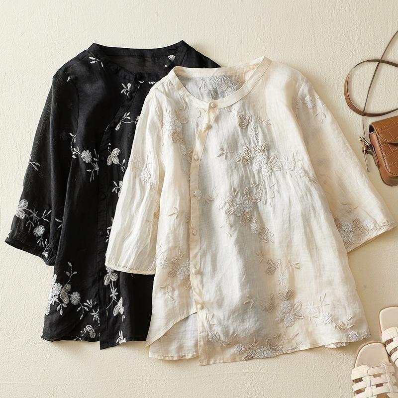 Летняя рубашка в стиле ретро в стиле Китайской Республики с диагональными пуговицами и тяжелой вышивкой. Женская одежда. Блузки и рубашки.
