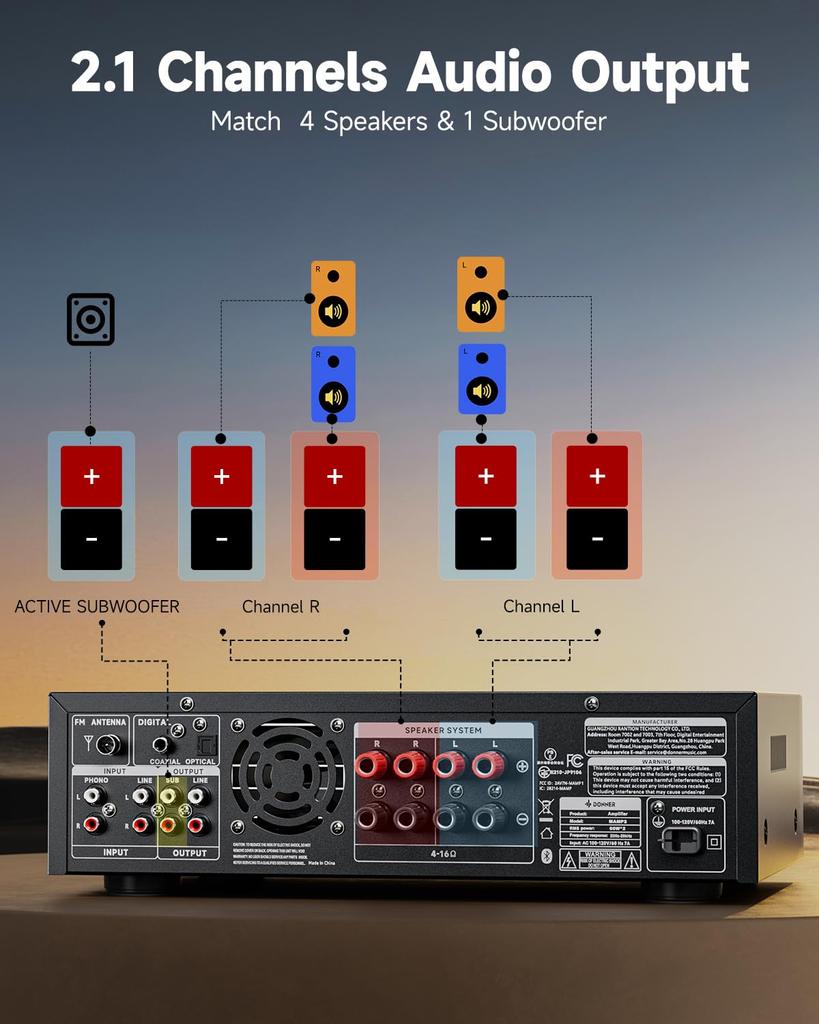 Donner Stereo Audio 600W Peak Bluetooth 2 Mic RCA for and Theater MAMP2 Amplifier, 2-Channel Receiver, 5.3, Phono, Optical, Coaxial, USB, FM, Inputs,
