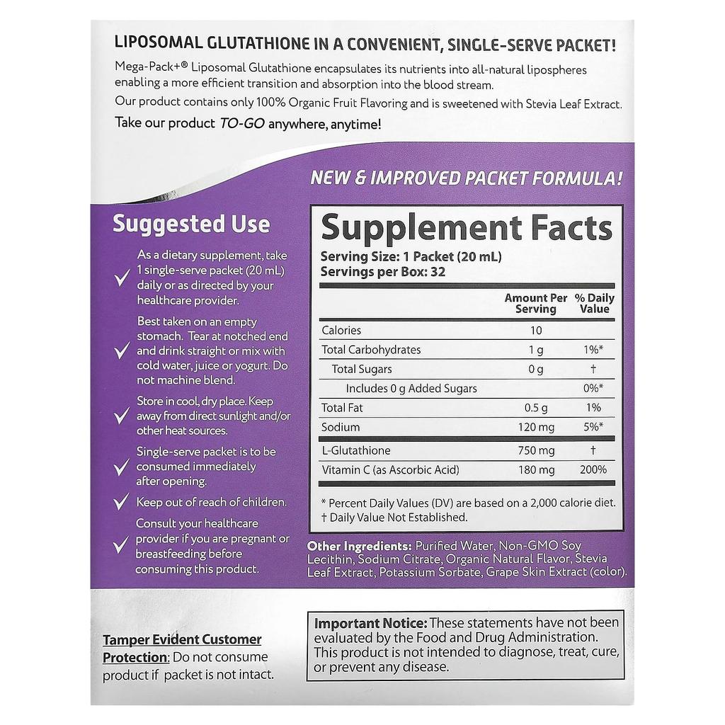 Aurora Nutrascience Mega-Pack+, Liposomal Glutathione, 750 Mg, 32 Packs, 0.68 Fl Oz (20 Ml) Each