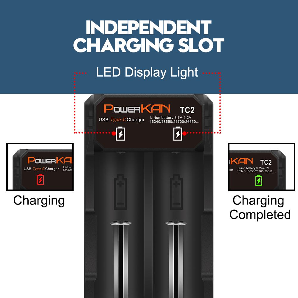 POWERKAN Battery Charger, Type-C USB Input, for 3.7V Li-ion Batteries Compatible with 2665016340 14500 21700 18650 Charging