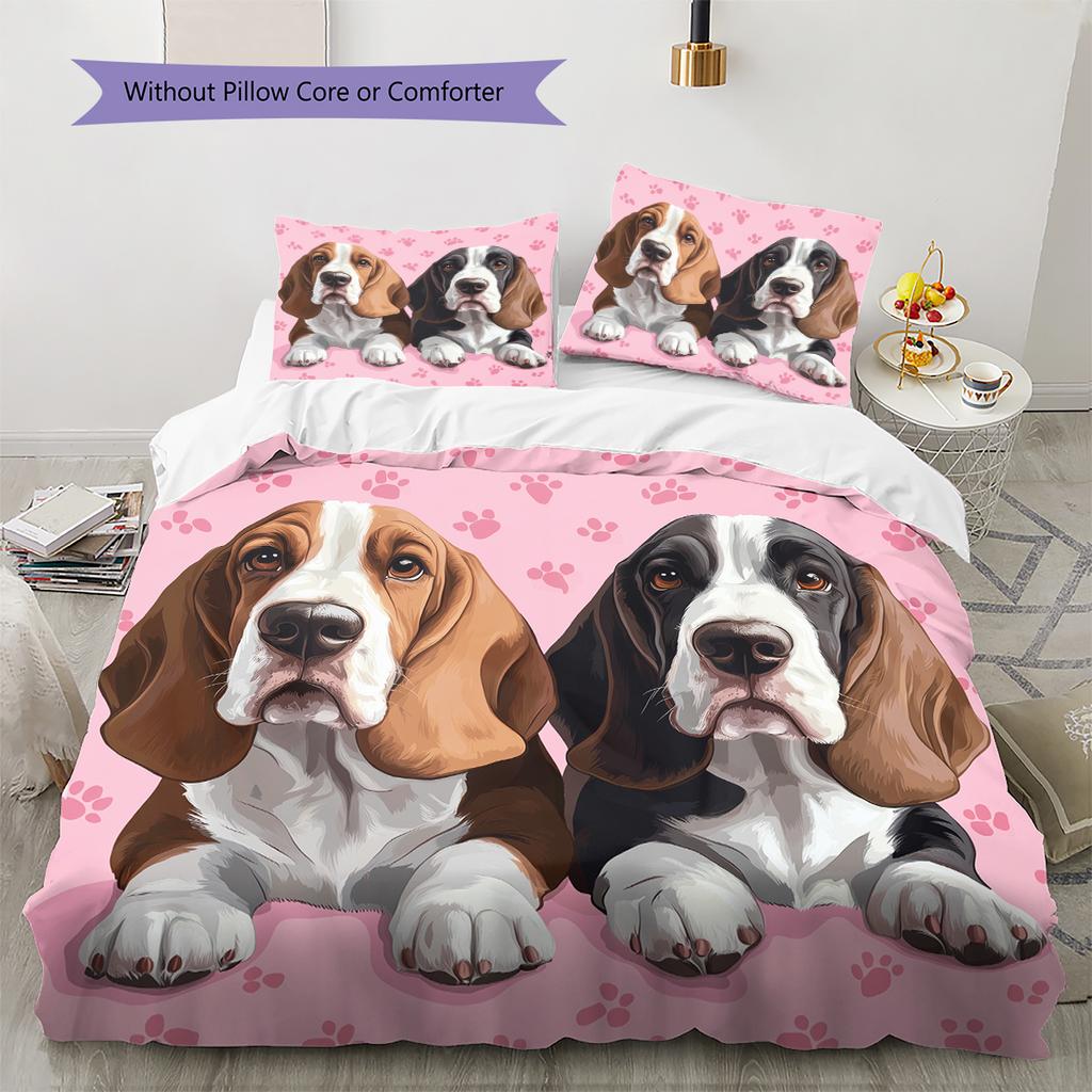 Pink Basset Hound Pattern Bedding Home Decoration Birthday Gift (1 * duvet cover + 2 * pillowcase, without core)