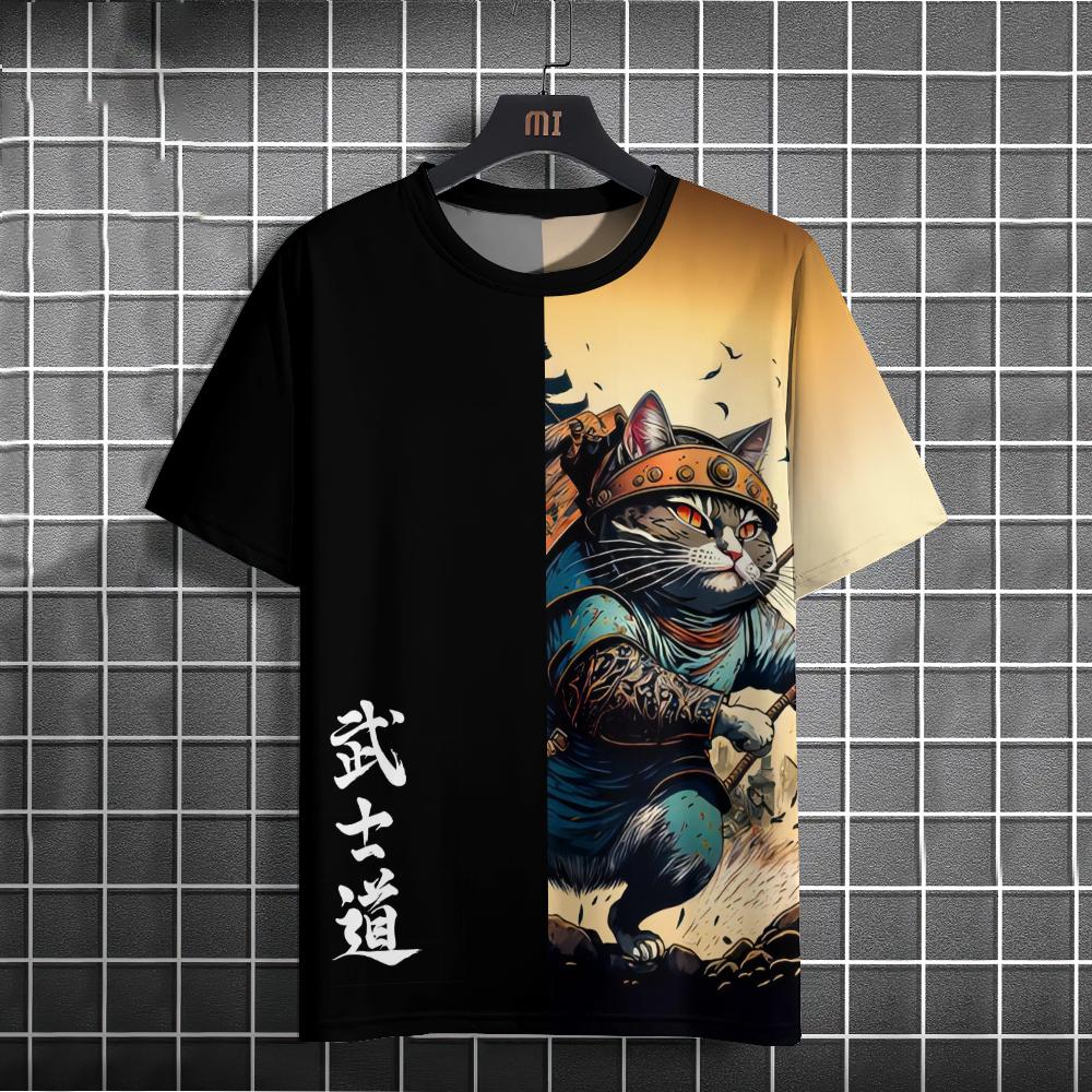Japanese Anime Samurai Cat T-Shirt For Men 3D Animal Print Short Sleeve Tops Tee Casual T-Shirt Oversize Shirt Men Clothing
