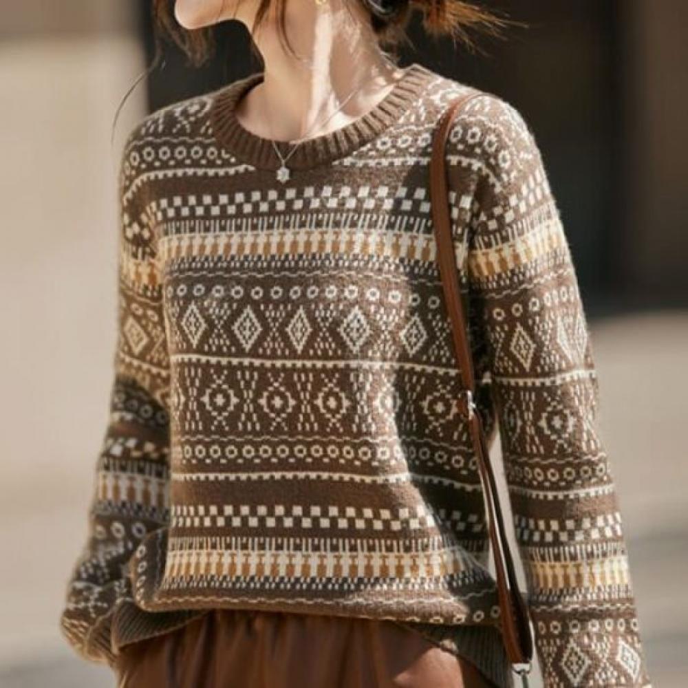 Navava Women Daily Nordic Pattern Round Neck Long Sleeve Knit Tee Nk3514