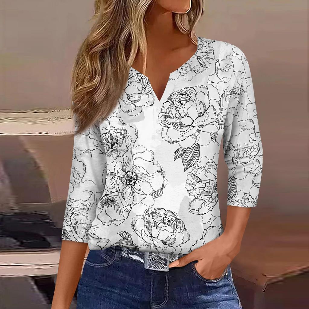 Жен. Футболка Футболка С принтом Пуговицы Рукав 3/4 Повседневные Выходные Мода Классический Классический V-образный вырез Обычный Верх