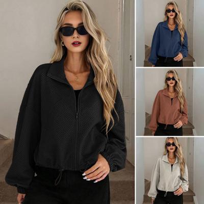 Женская короткая куртка на молнии, повседневная, с длинным рукавом, воротником-стойкой, укороченная куртка, подол на кулиске, осенний свитшот с карманами