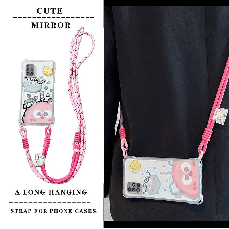 KEYSION Crossbody Strap Phone Case for Samsung A51 4G Cute Cartoon Long Lanyard Mirror Shockproof Cover for Galaxy A51