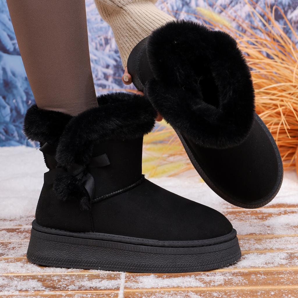 Женские ботинки Теплые с бабочкой Перекрестные Ботинки с круглым носком для женщин Зимние на толстой подошве Плюшевые Повседневные Снежные Хлопковые Ботинки Женские