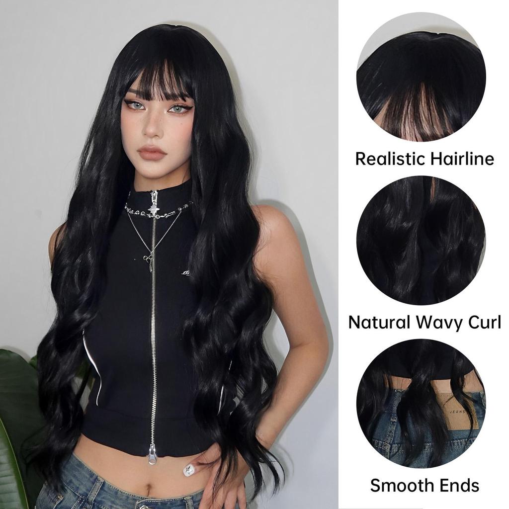 LOUIS FERRE Длинные волнистые черные синтетические парики для женщин, натуральные накладные волосы с челкой, термостойкие парики для повседневного использования, косплей