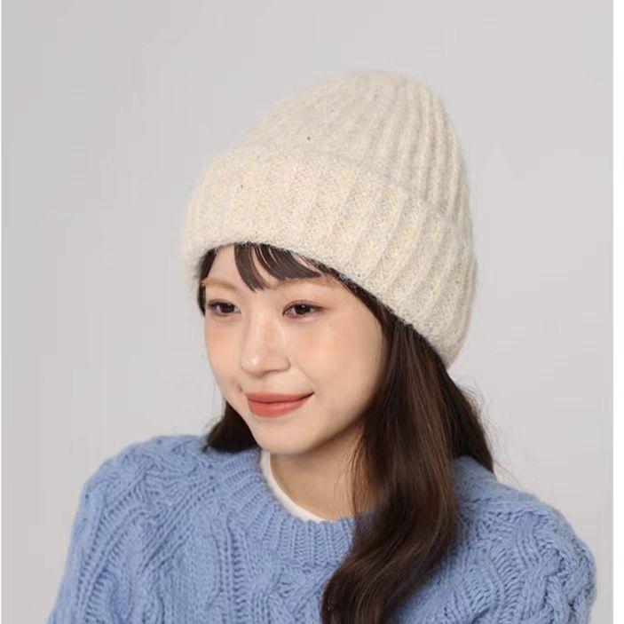 Gold thread wool hat women's autumn and winter warm wool knitted hat loose big head circumference ear protectors cold hat shows small face